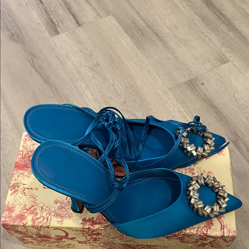 ASOS Turquoise Lace-Up Pointed Satin Heels with Crystal Embellishment - Picture 3 of 3